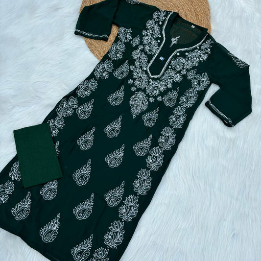 Stone Work Georgette Chikankari Kurti -Dark Green Colour