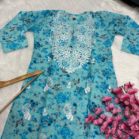 Mulmul Cotton Chikankari Machine Work Kurti - Sky Blue Colour