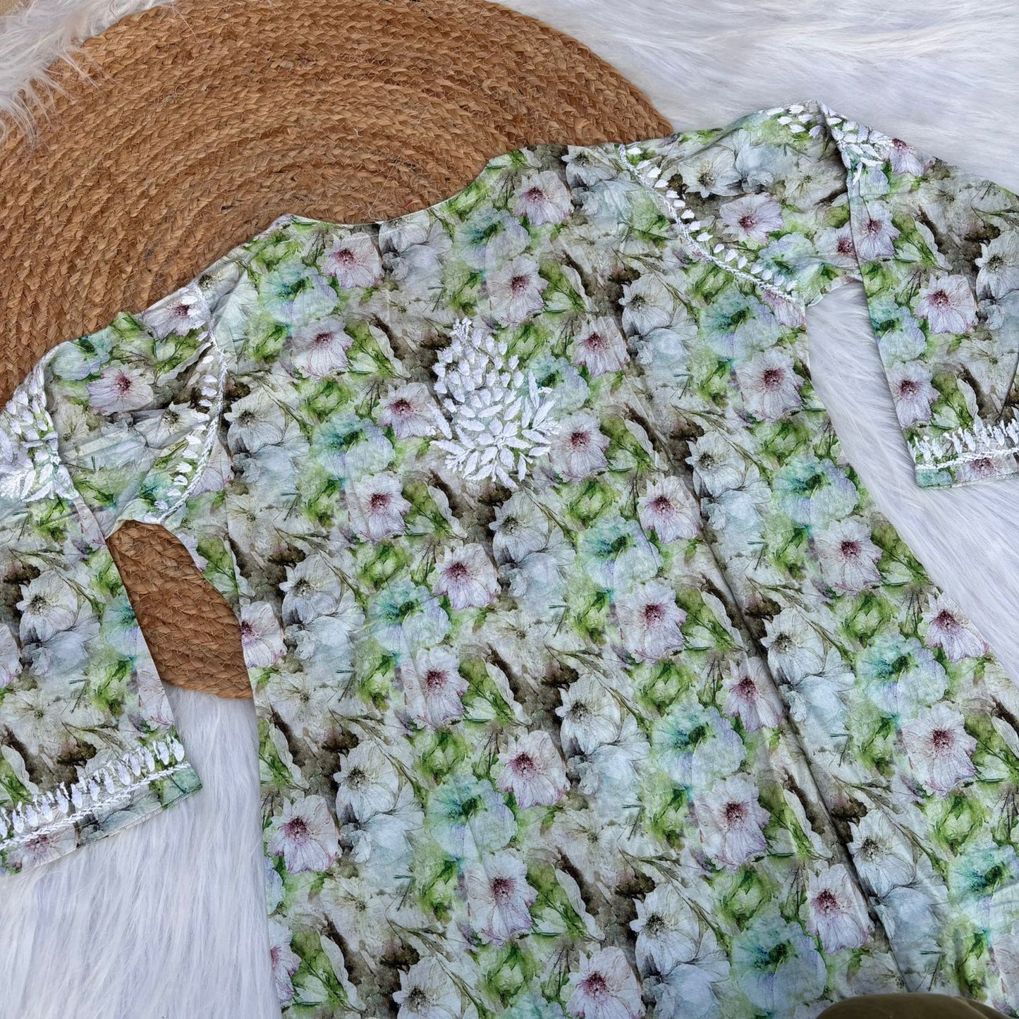 Fiza Pure Cotton Floral Lucknowi Chikankari Kurti - Green Colour