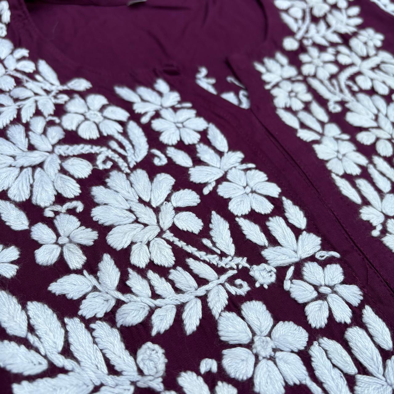 Maysa Soft Rayon Chikankari Kurti - Wine Colour