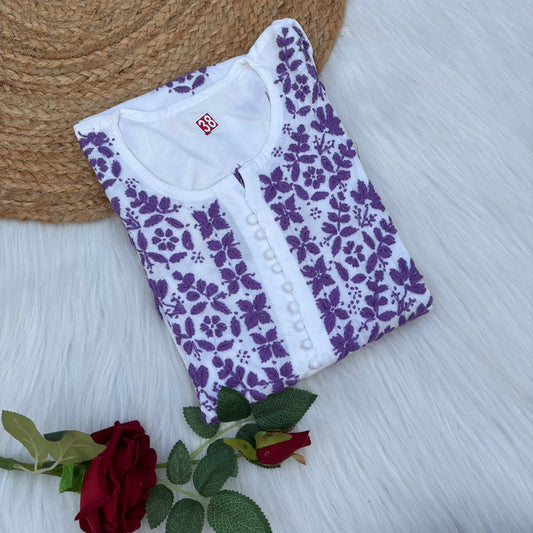 Amira Soft Rayon Chikankari Kurti - Purple on White Color