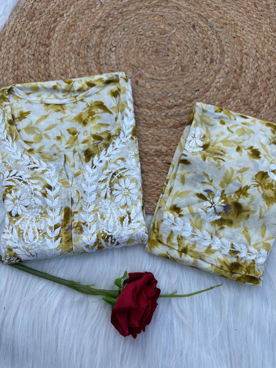 Hadaya Mulmul Cotton Chikankari Kurti Set - Green Colour