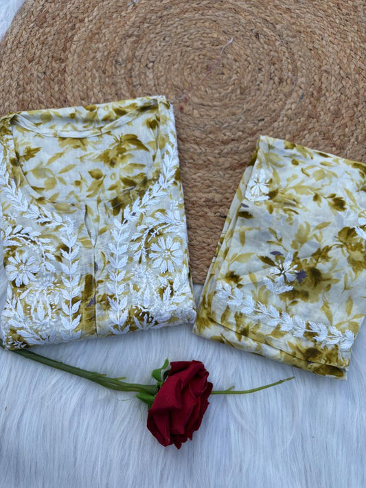 Hadaya Mulmul Cotton Chikankari Kurti Set - Green Colour