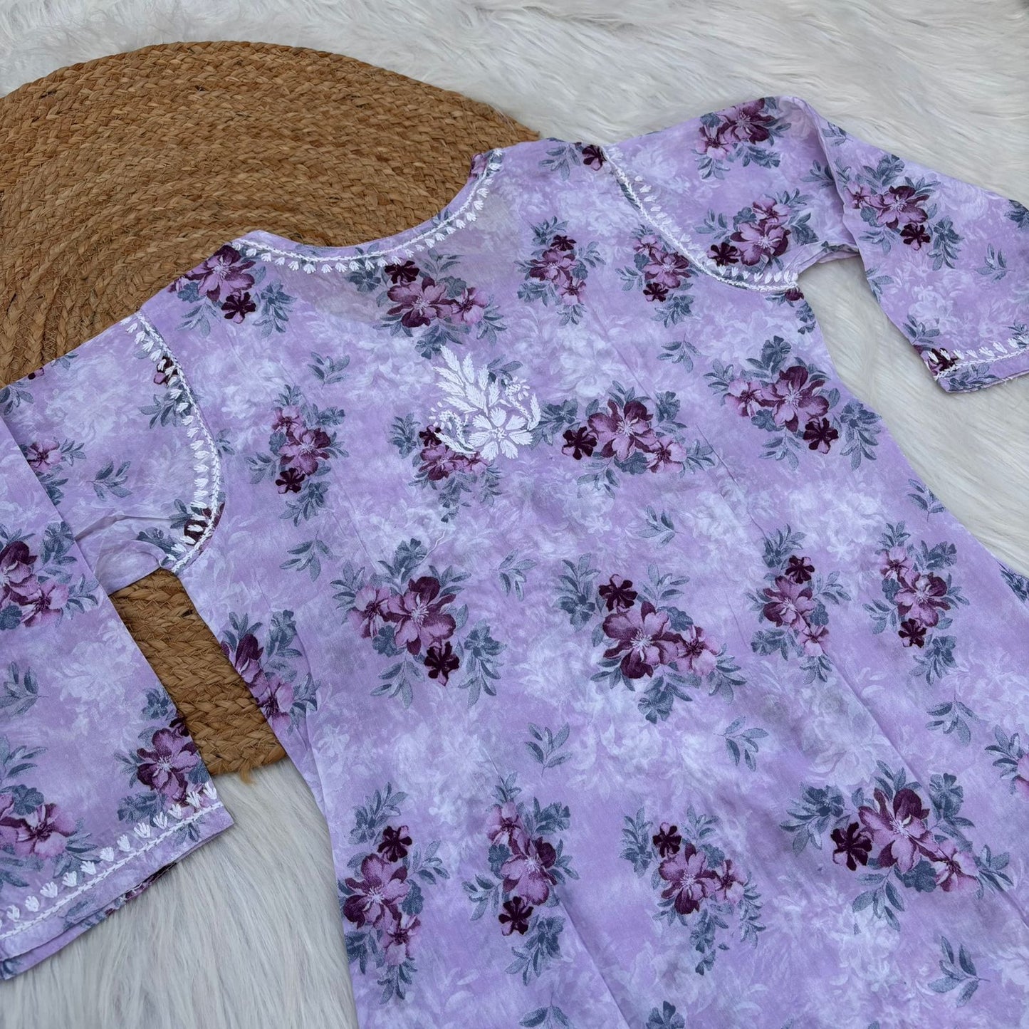 Fawziya Pure Mulmul Chikankari  Handwork Kurti -Purple Colour