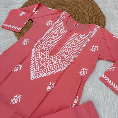 Afana Silk Chikankari Kurti Plazo set Gazri Colour