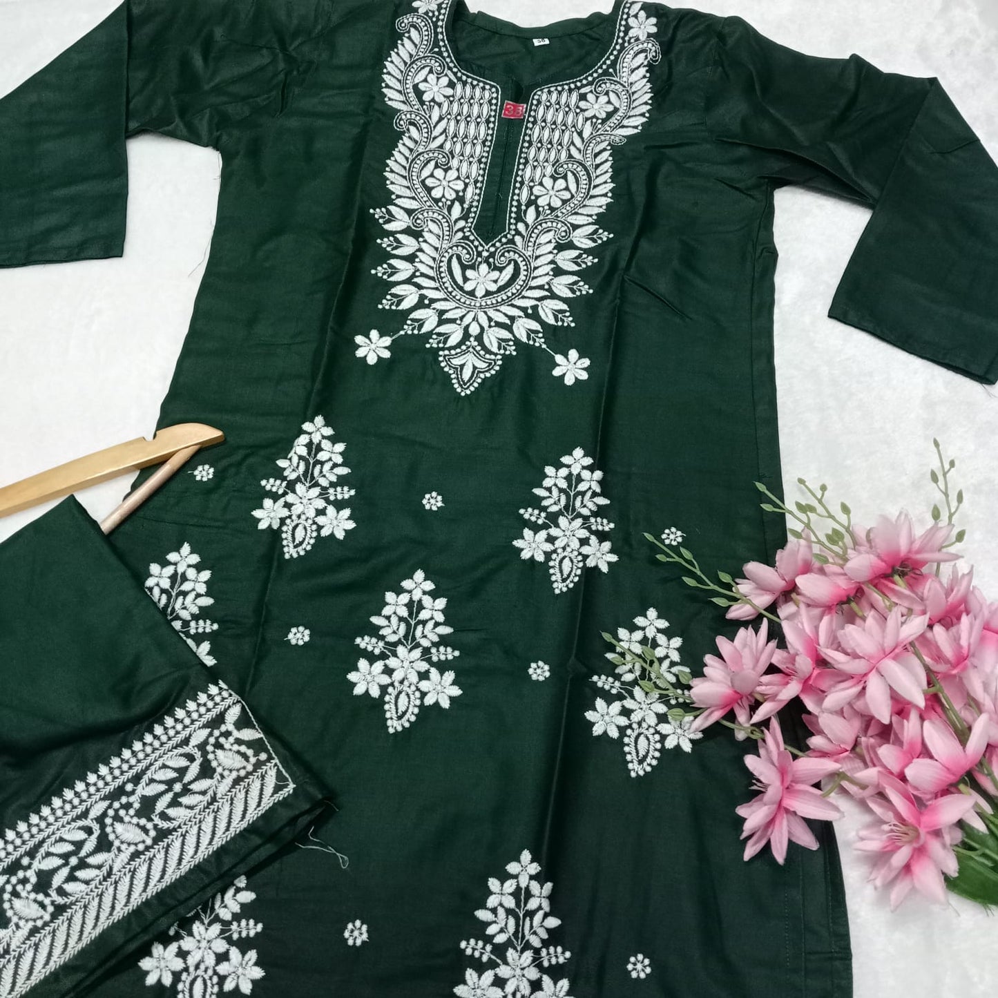 Rayon Chikankari Machine Work  Kurti Plazo Set- Dark Green Colour