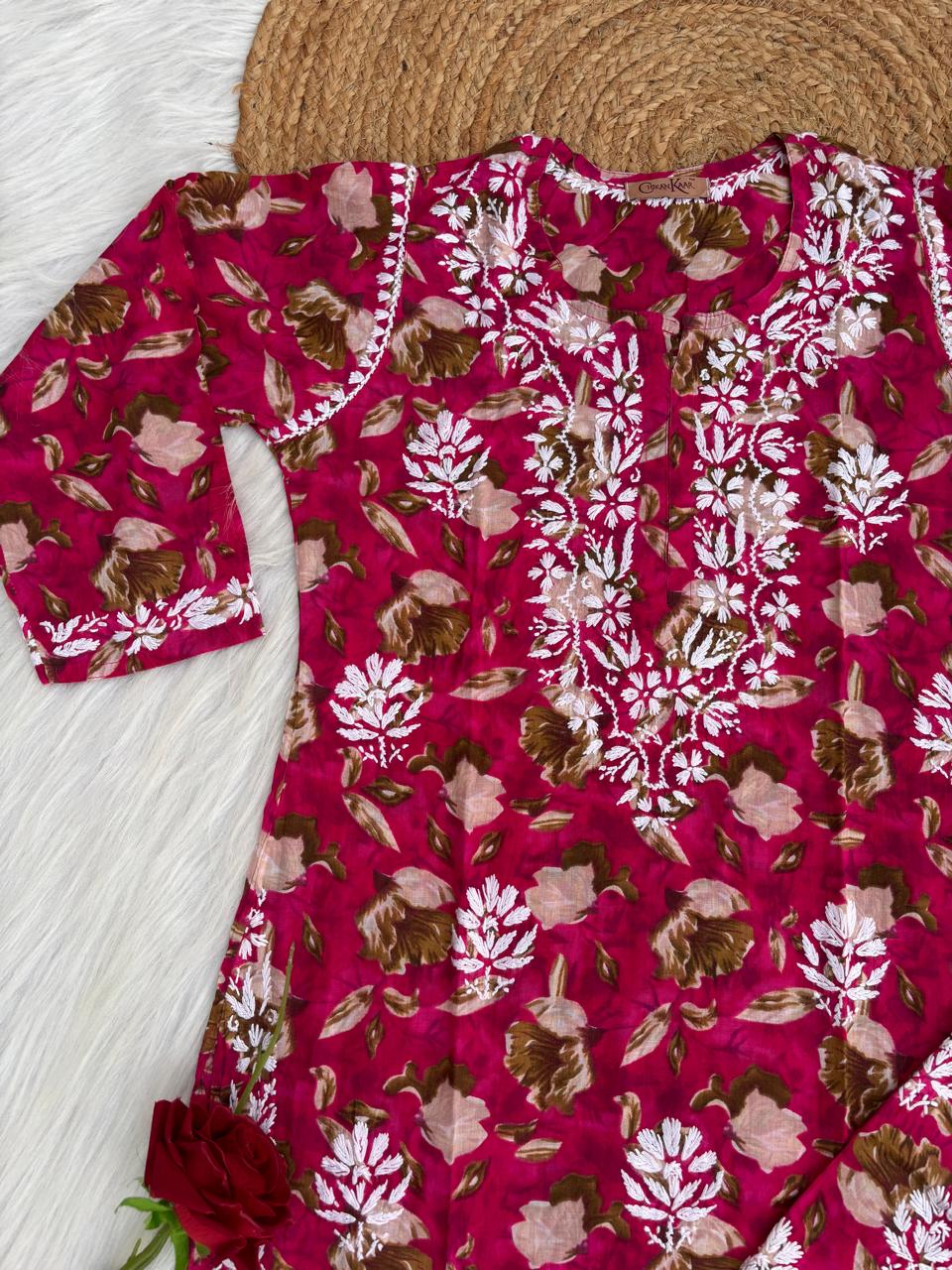 Elena Mulmul Cotton Handwork Chikankari Kurti Set - Rani Colour