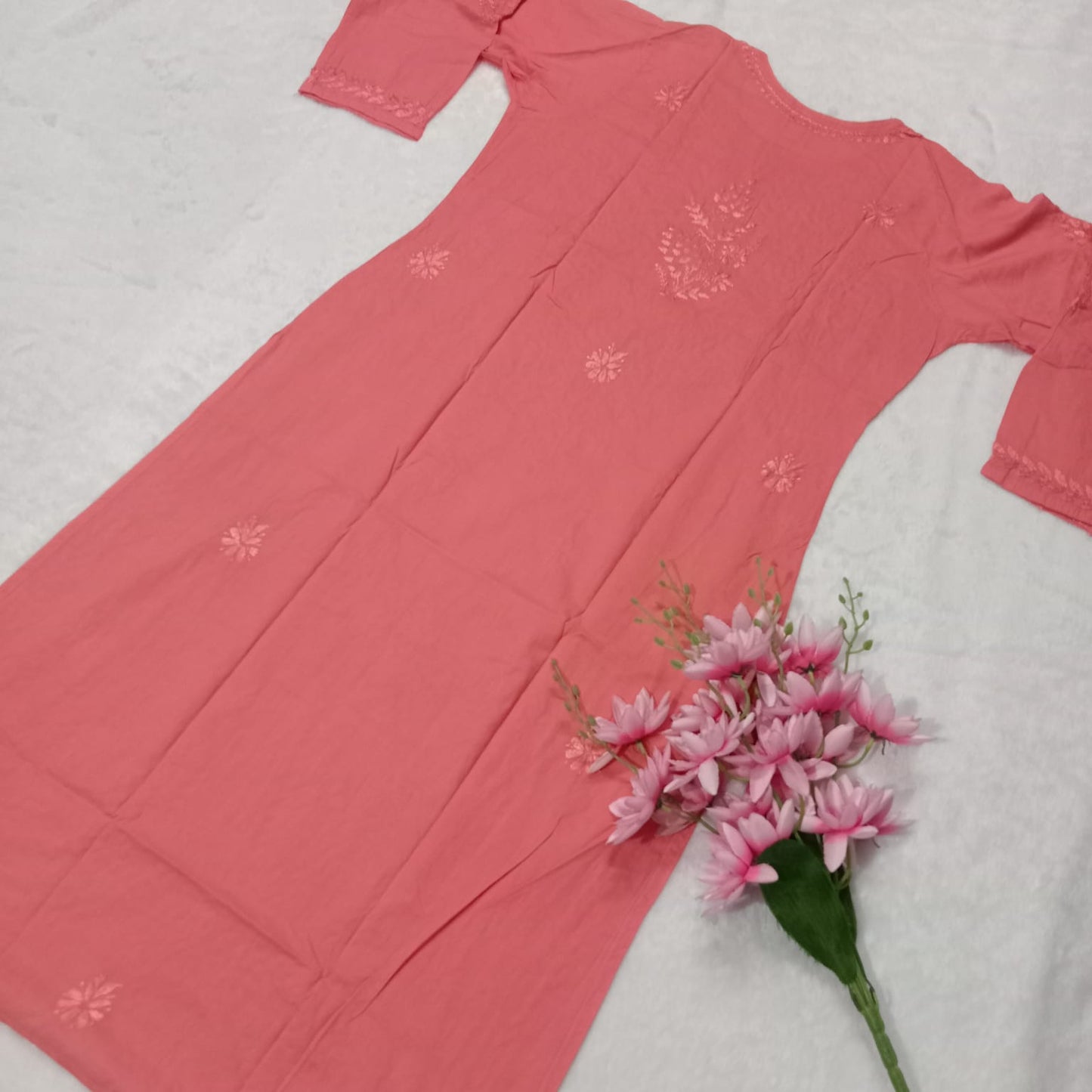 EXCLUSIVE PURE COTTON CHIKANKARI DYED KURTI -LIGHT GAZRI