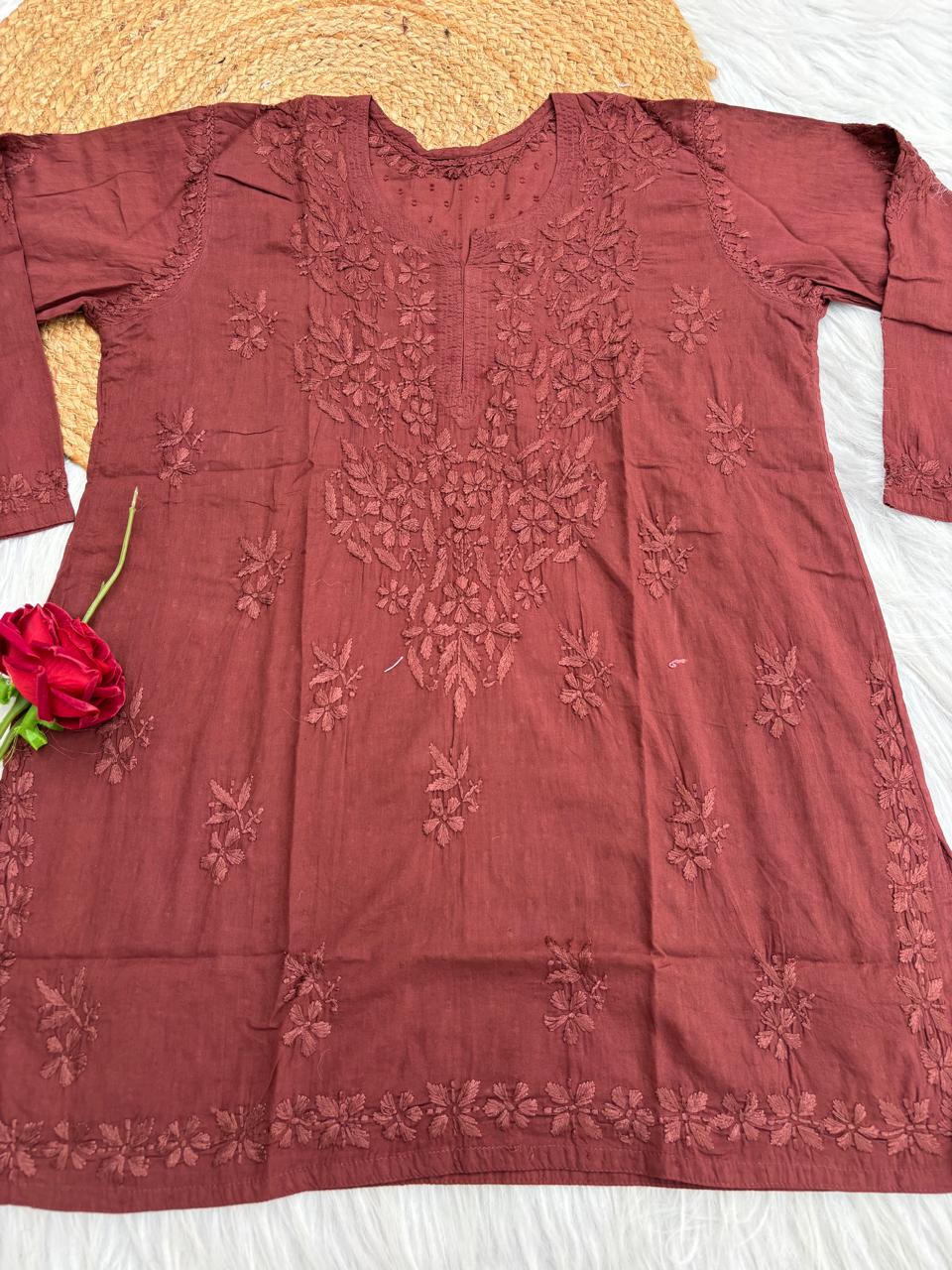 Ziva Soft Dobby Cotton Lucknowi Handwork Chikankari Short Kurti - Brown Colour