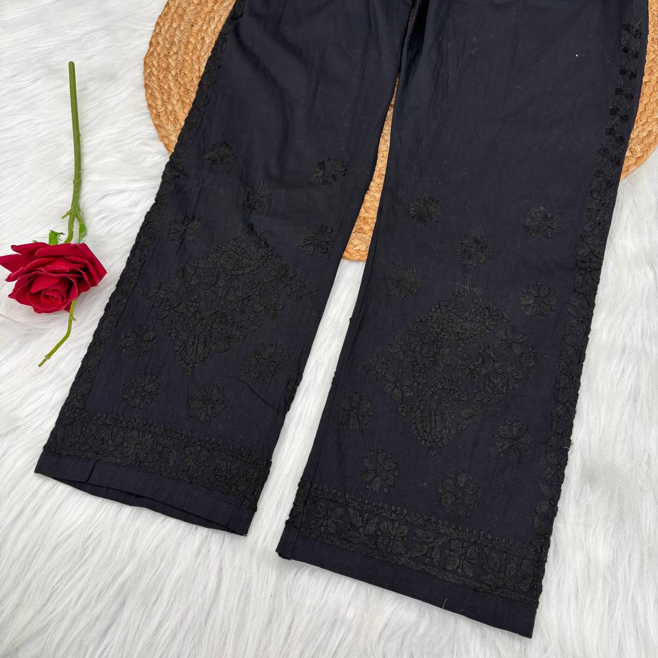 Yara Pure Cotton Lycra Handwork Chikankari Pant- Black colour