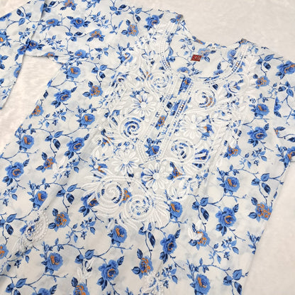 Printed Cotton Chikankari Machine Work Kurti Plazo Set -Blue Colour (Free Earrings!)