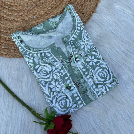 Hina Rayon Rose work Lucknowi Chikankari kurti - Green Colour