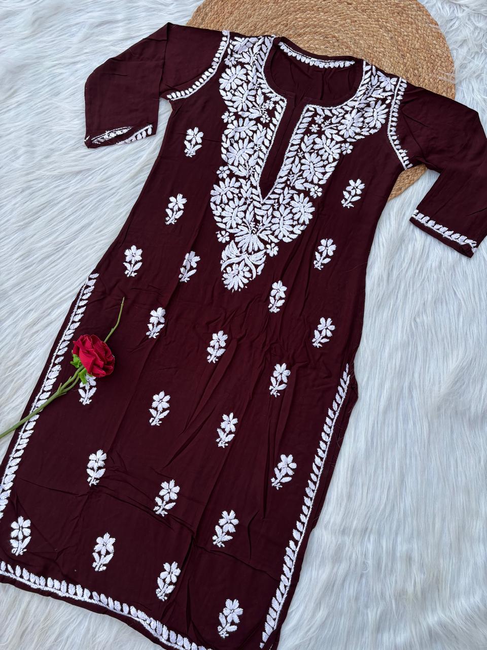 Hiba Soft Rayon Handwork Chikankari Kurti - Brown Colour