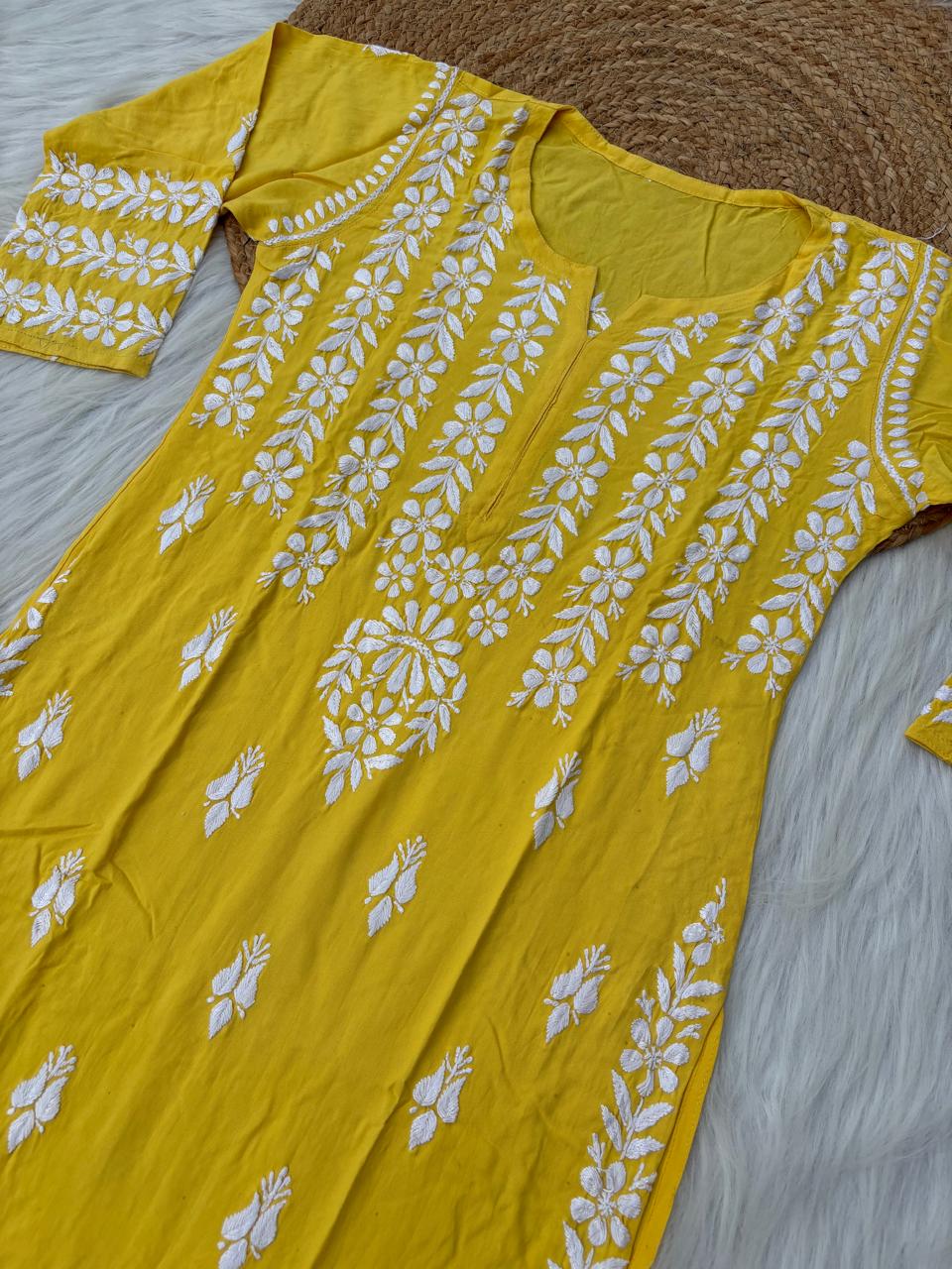 Zoobia Soft Rayon Handwork Chikankari Kurti - Yellow Colour