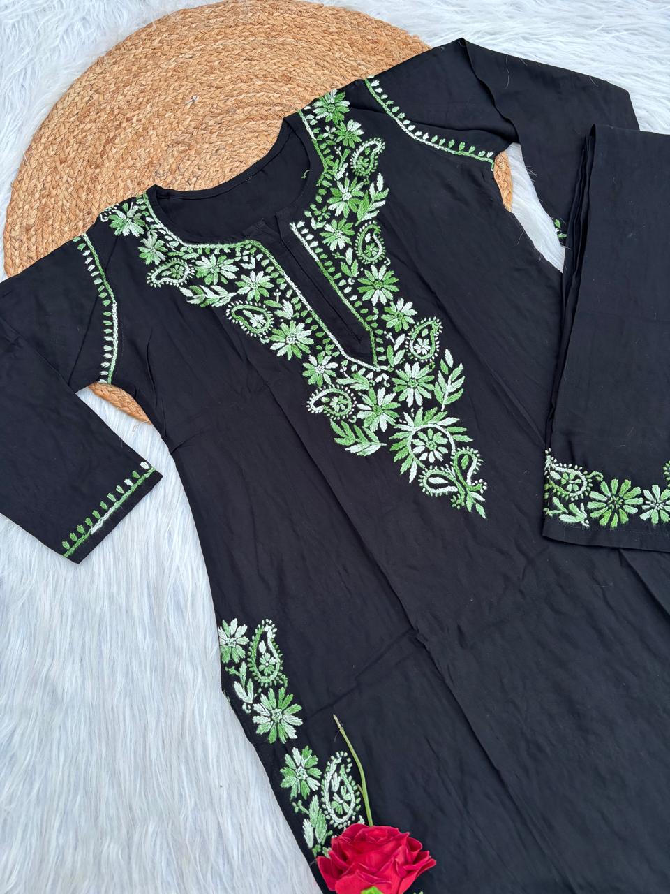 Lubna Rayon Handwork Chikankari Kurti Set- Green Colour
