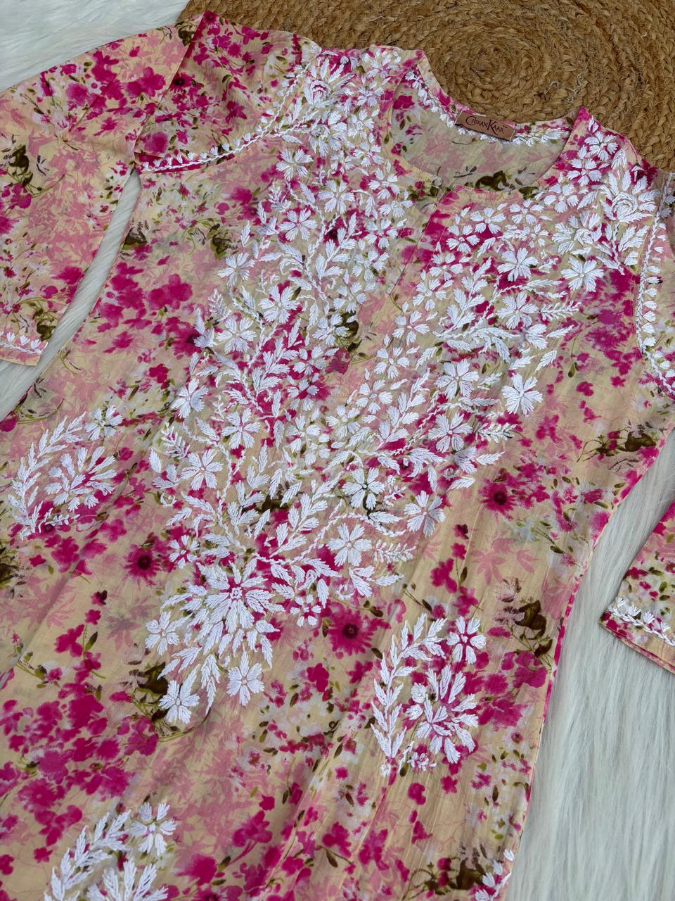 Fatima Pure Mulmul Chikankari  Handwork Kurti - Pink Colour