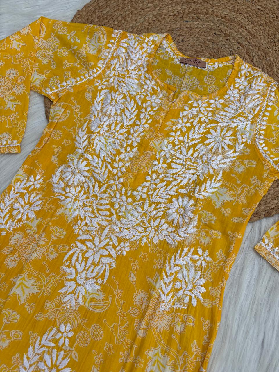 Sameera Pure Mulmul Chikankari Handwork Kurti - Yellow Colour