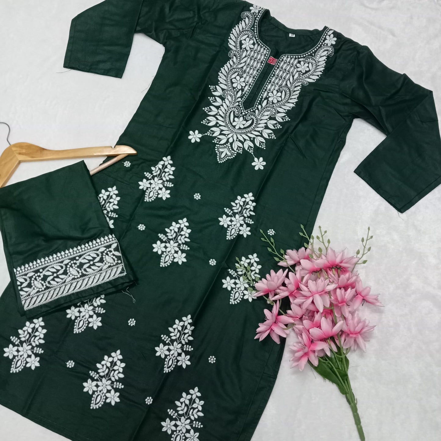 Rayon Chikankari Machine Work  Kurti Plazo Set- Dark Green Colour