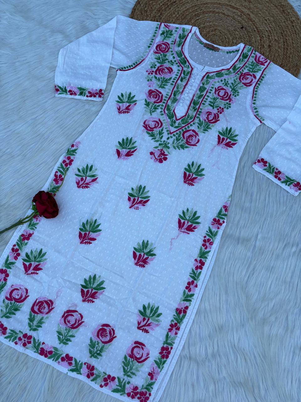 Seema Soft Dobby Cotton Lucknowi Chikankari Handwork Rose Work Kurti -Pink Colour