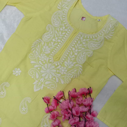 Cotton Machine Work Chikankari Kurti -Lemon Colour