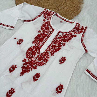 Shraddha Kapoor inspired Pure Cotton Chikankari Kurti - Red Colour - Chikankaar