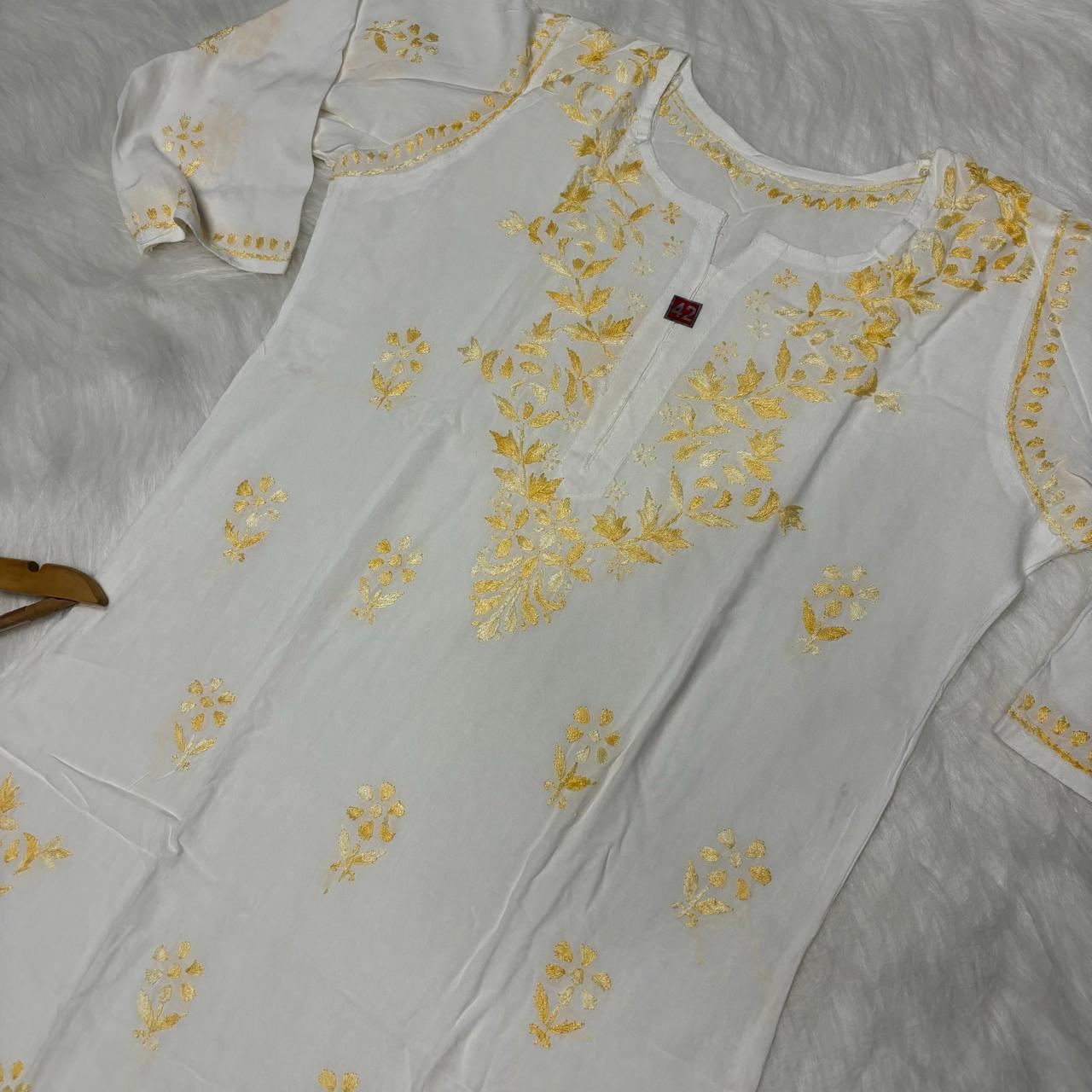 Aleena Rayon Chikankari Kurti Plazo Set - White Yellow color