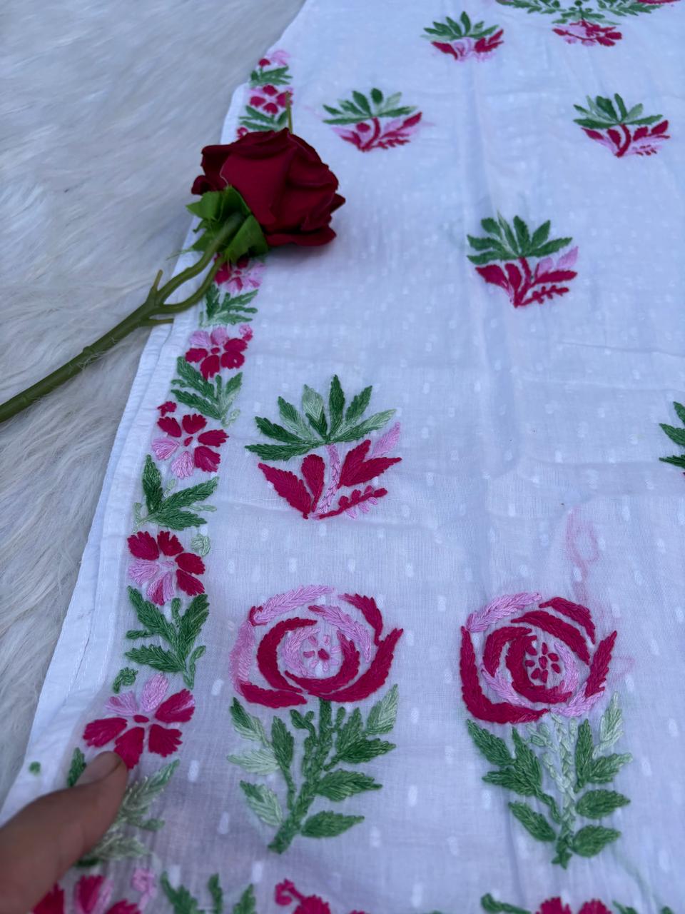 Seema Soft Dobby Cotton Lucknowi Chikankari Handwork Rose Work Kurti -Pink Colour