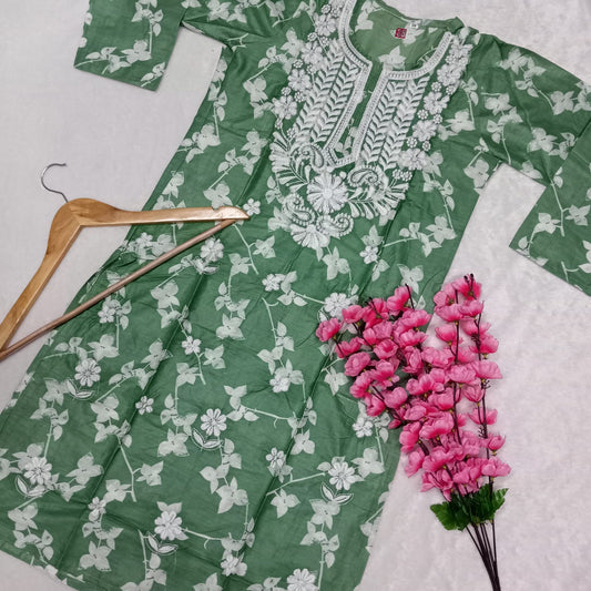 Mulmul Cotton Chikankari Machine Work Kurti - Dark Green Colour