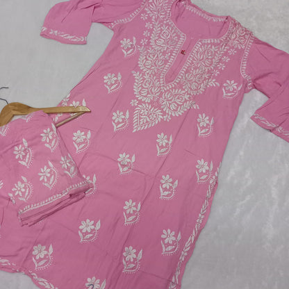 PURE RAYON KURTI PLAZO CHIKANKARI HANDWORK SET - PINK COLOUR