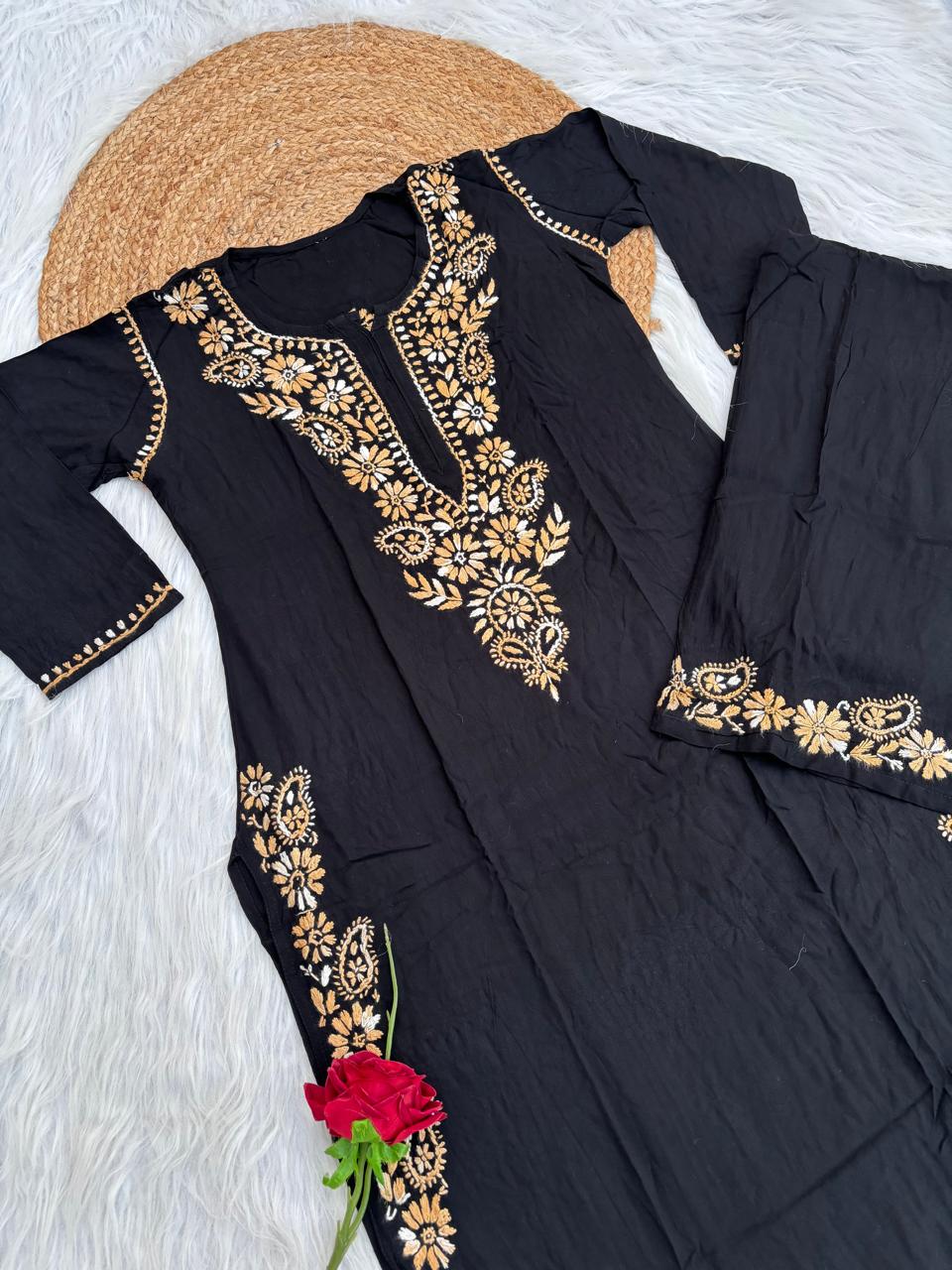Lubna Rayon Handwork Chikankari Kurti Set- Mustard Colour