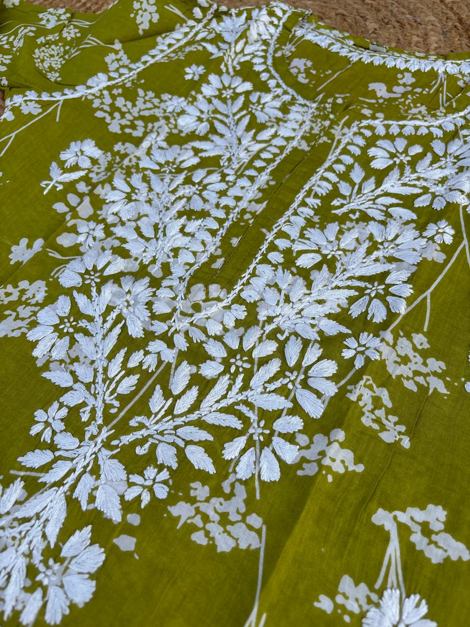 Sidra Pure Mulmul Chikankari Handwork Kurti - Green Colour