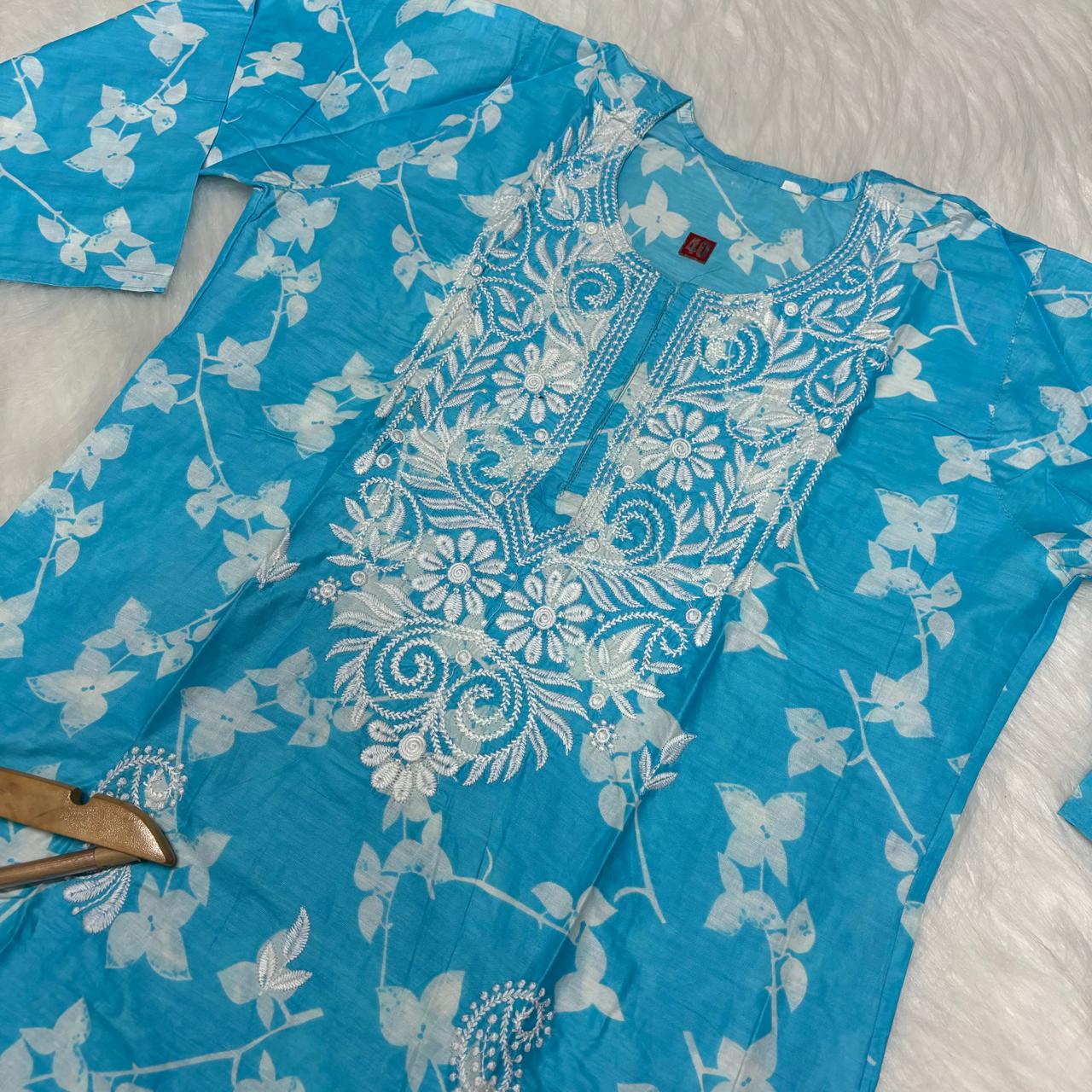 Mulmul Cotton Chikankari Machine Work Kurti - Sky Blue Colour