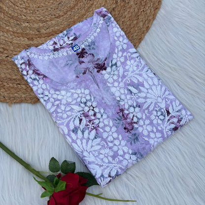 Fawziya Pure Mulmul Chikankari  Handwork Kurti -Purple Colour