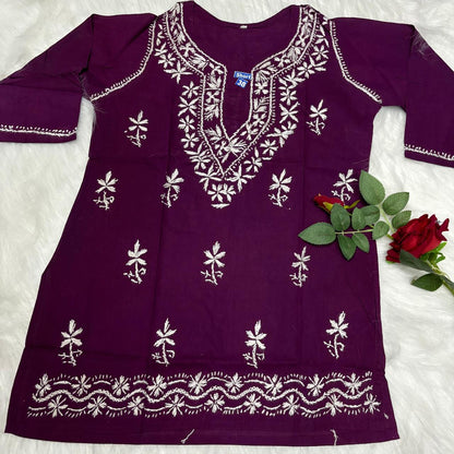 Ziya Pure Cotton Chikankari Short Top- Wine Colour