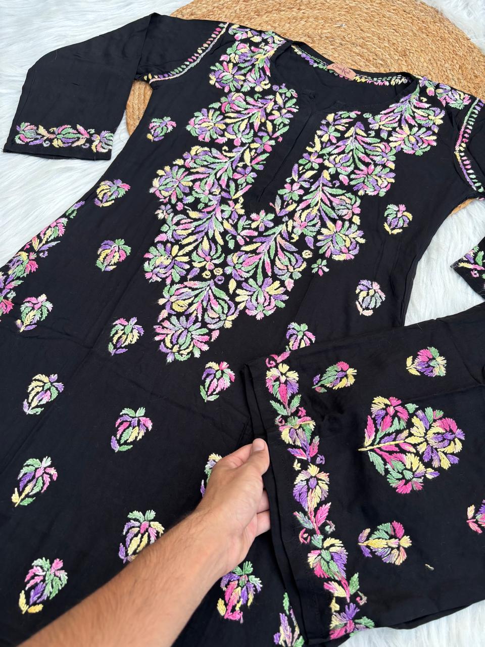 Rawa Soft Rayon Multi Handwork Chikankari Kurti Plazo Set -Purple  Colour