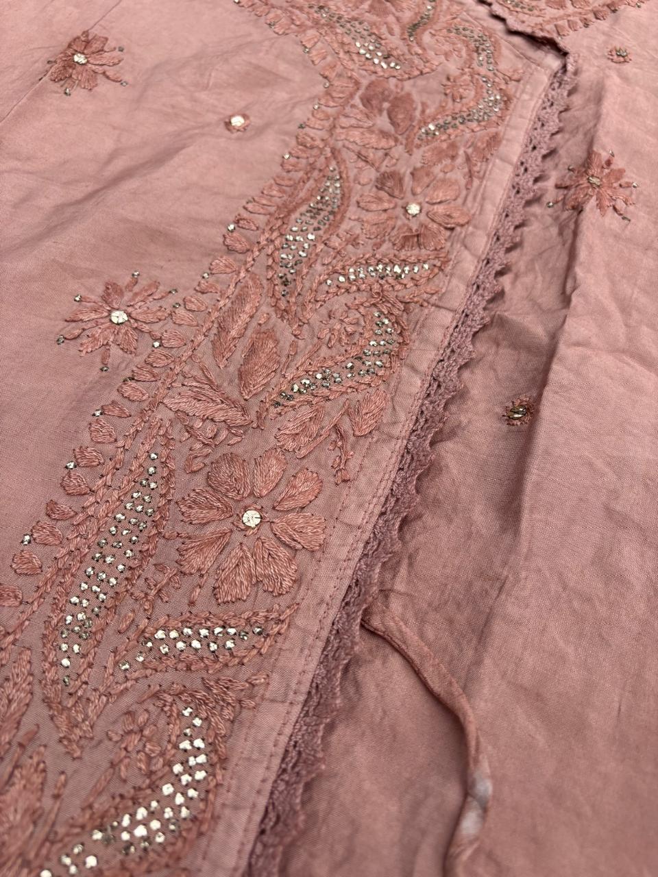 Naaz Chanderi Angrakha style Chikankari Kurti with Mukaish work - Brown Colour