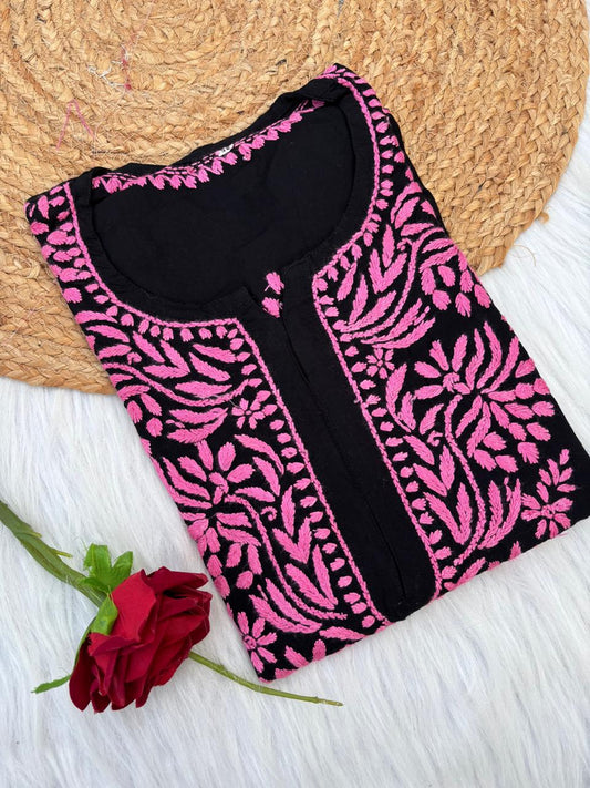 Shifa Soft Rayon Lucknowi Chikankari Kurti - Black Dark Pink Color