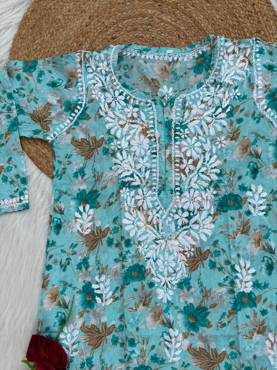Alina Pure Mulmul Chikankari Handwork Kurti - Sea Green Colour