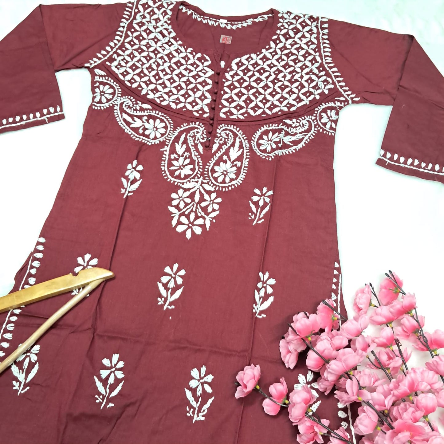 Adiva Pure Cotton Chikankari Handwork Kurti - Maroon Colour