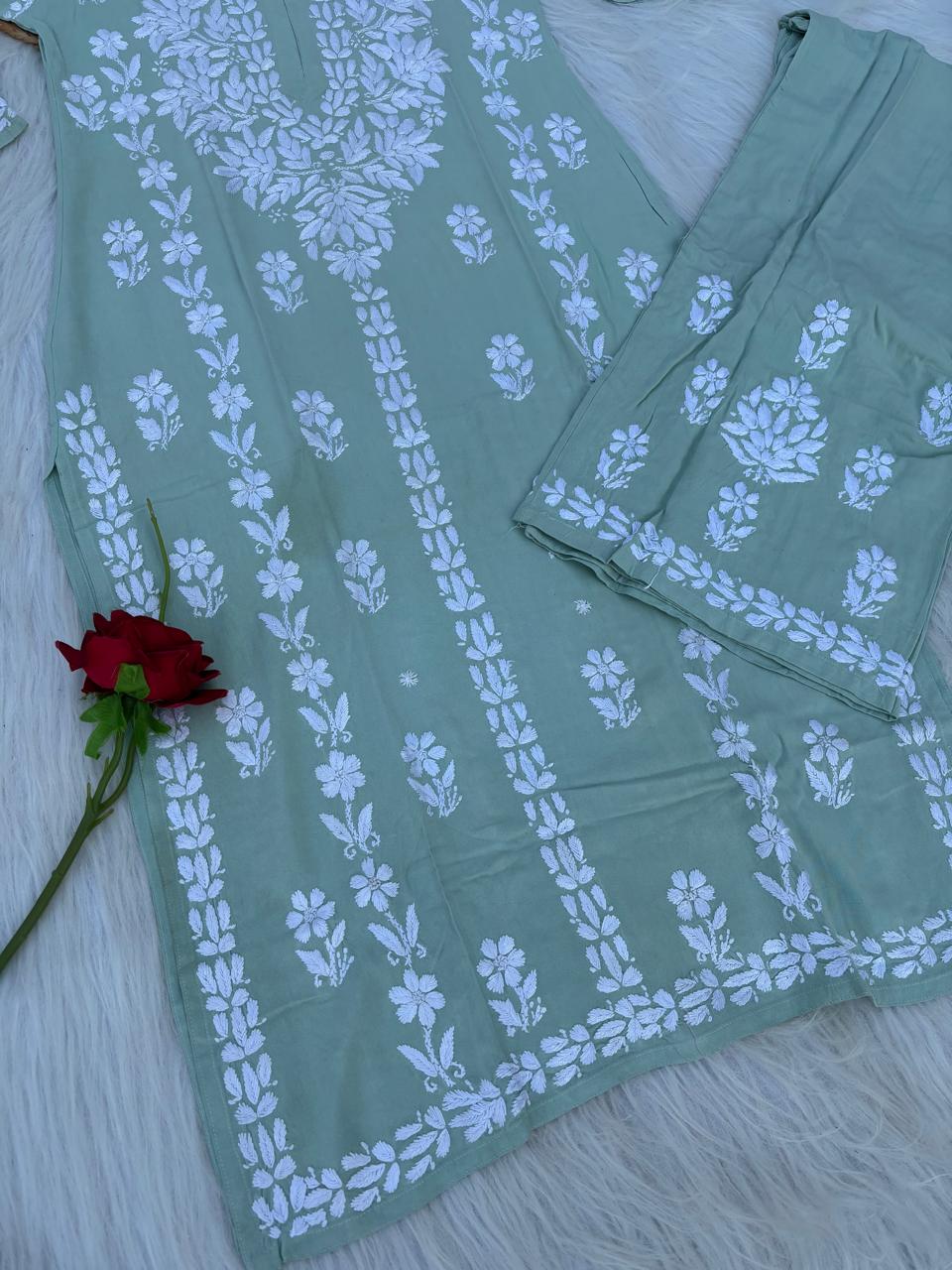 Samara Rayon Handwork Chikankari Kurti Plazo Set - Pista Green Colour
