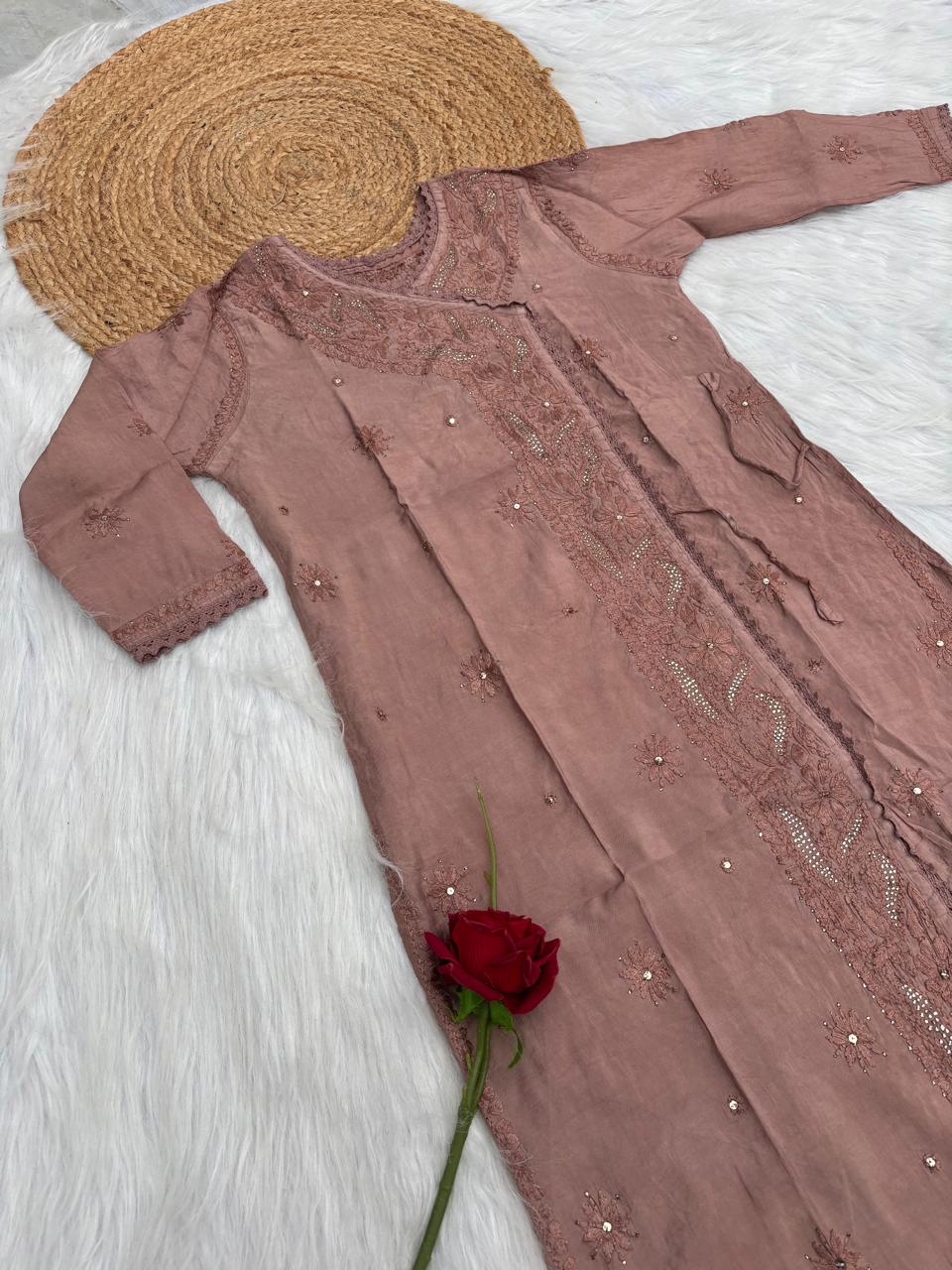 Naaz Chanderi Angrakha style Chikankari Kurti with Mukaish work - Brown Colour