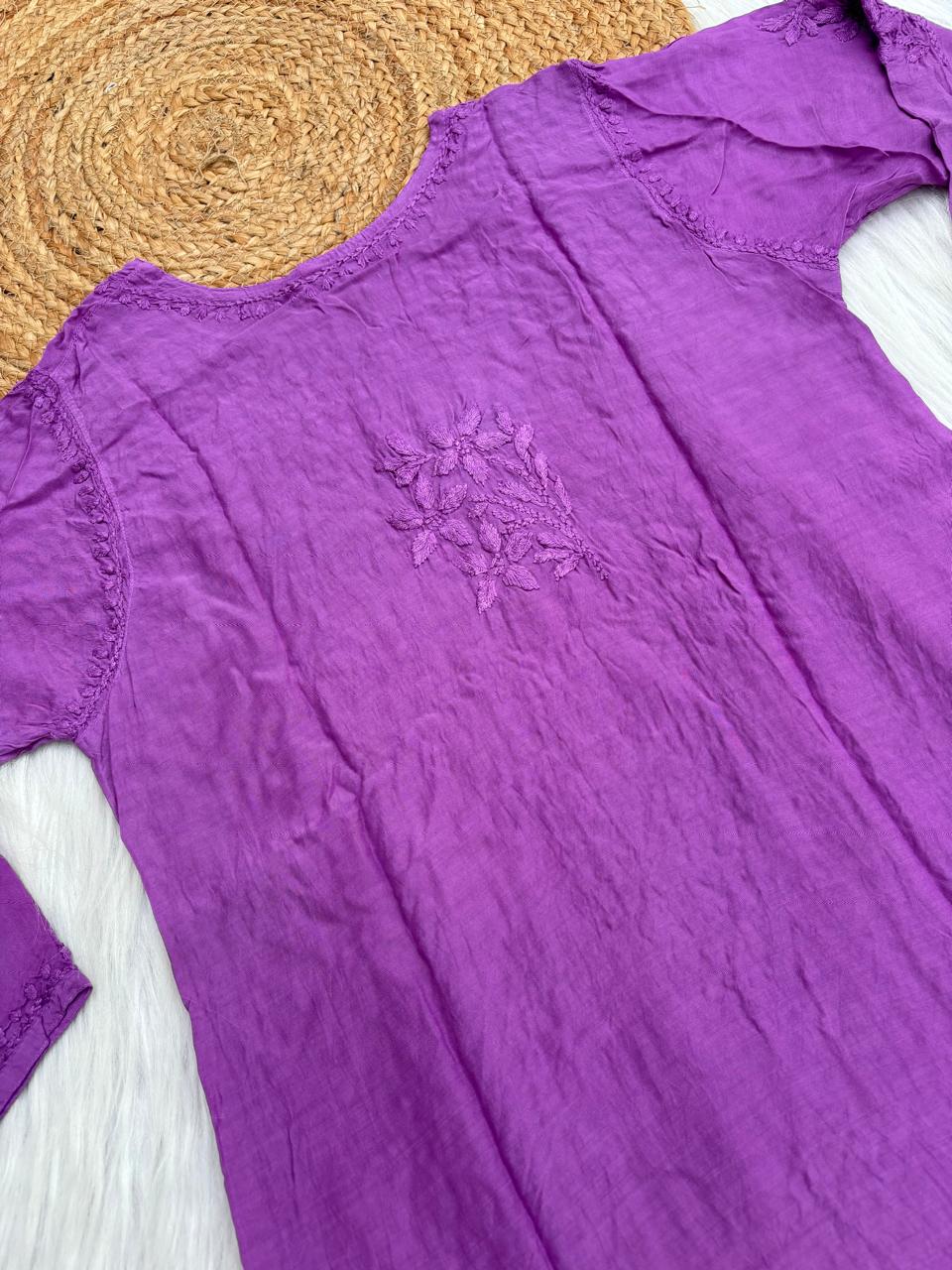 Nadia Muslin Lucknowi Chikankari Kurti Pant Set - Purple Color