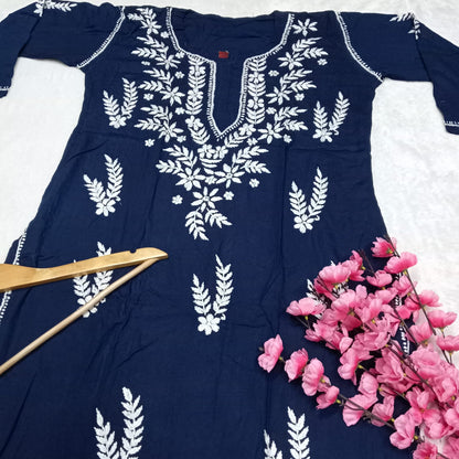 Pure Rayon Chikankari Ghas Patti Work Kurti -Navy Blue