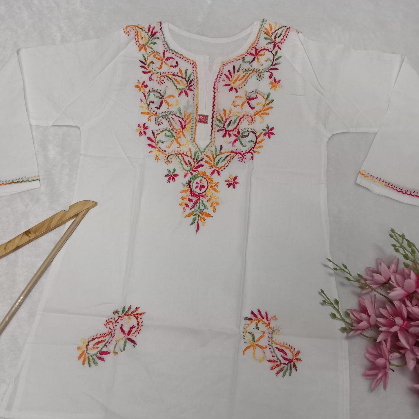 Cotton Chikankari Multitread  Short Kurti -  White Colour