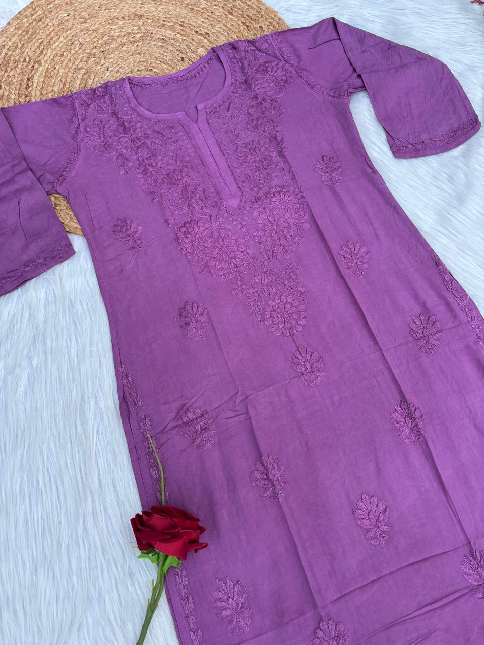Rabab Dyeable Soft Rayon Handwork Chikankari Kurti - Wine Colour