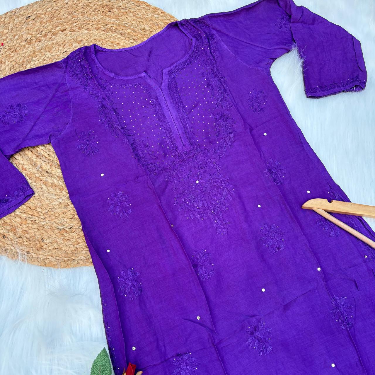 Rakul Preet Inspired Chikankari Muslin Kurti with Mukaish Work - Violet Colour