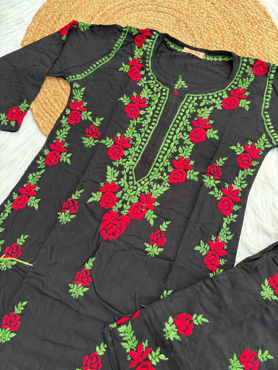 Rayon Handwork Chikankari Kurti Set - Red Colour