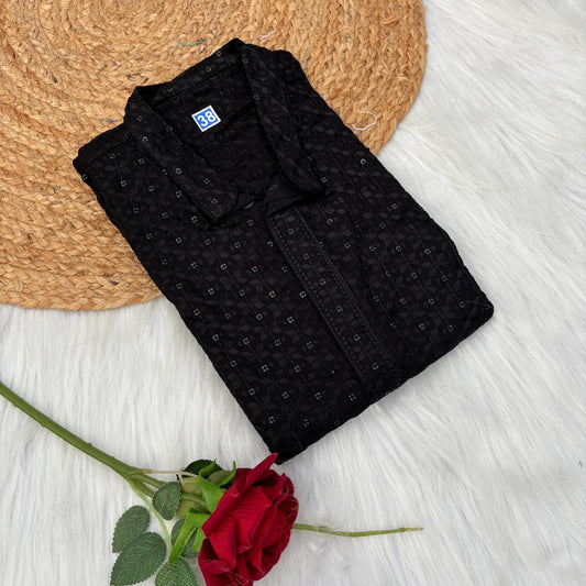 Ayaan Mens Cotton Chikankari Kurta - Black colour