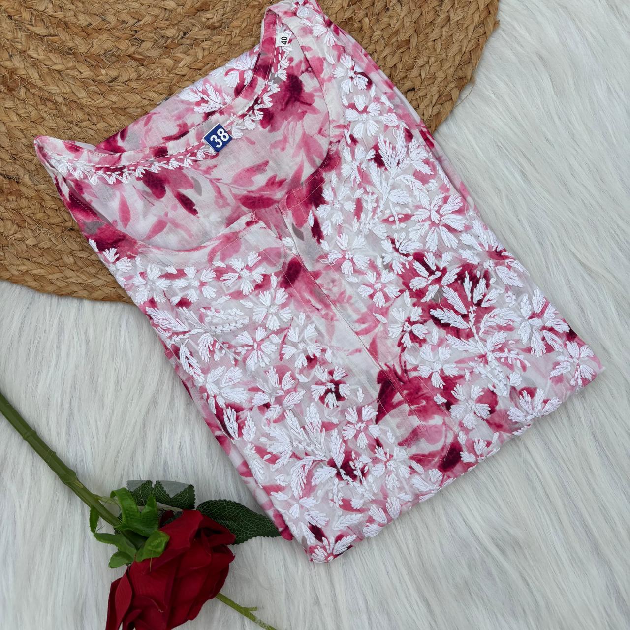 Amara Pure Mulmul Chikankari  Handwork Kurti -Pink Colour