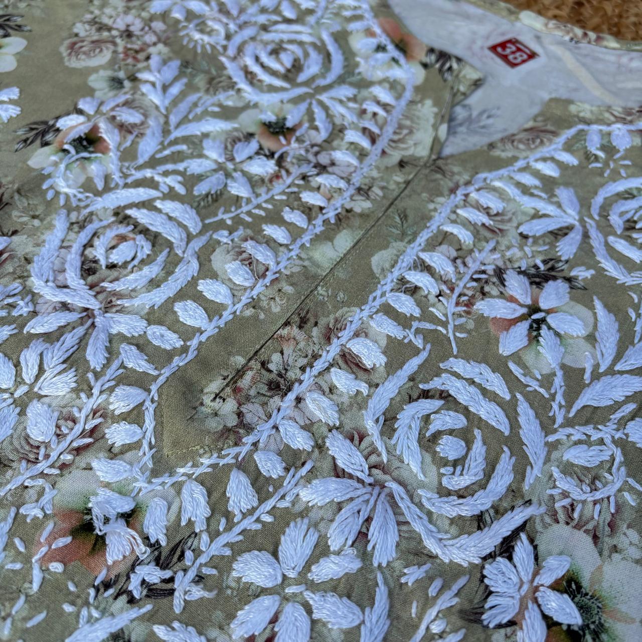 Hina Rayon Rose work Lucknowi Chikankari kurti - Pista Colour